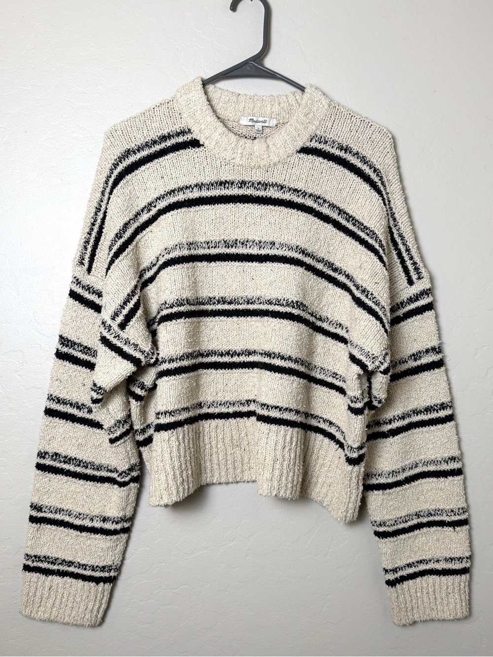 Madewell Cream Black Textured Crop Crewneck Sweater L Boxy